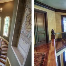 Before and After European plaster and glaze walls wood glazed trim and faux gold leaf mural
